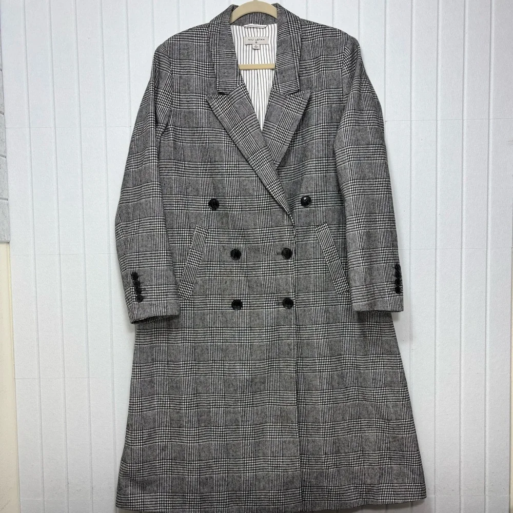 Nili Lotan for Target Long Overcoat Plaid Double Breasted‎ Black White Size XL